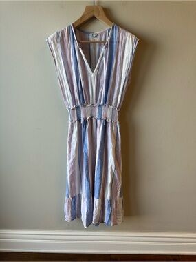 Rails Striped V-Neck Smocked Waist Midi Dress - Blue & Pink